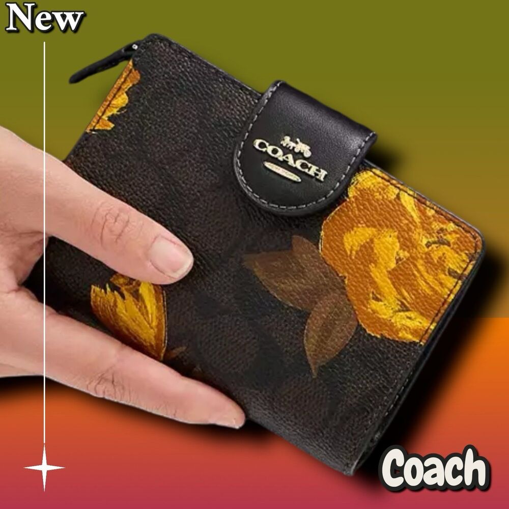 🔴New NWT Coach Medium Corner Zip Wallet Signature Canvas with Floral Print Gold - Picture 1 of 7